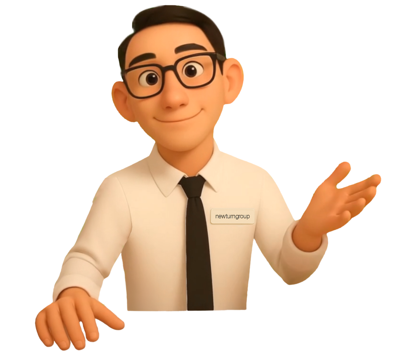 Manager Lee from newturn group extending his right hand with a friendly smile while explaining. Wearing a white shirt with black tie, company logo printed on the shirt.