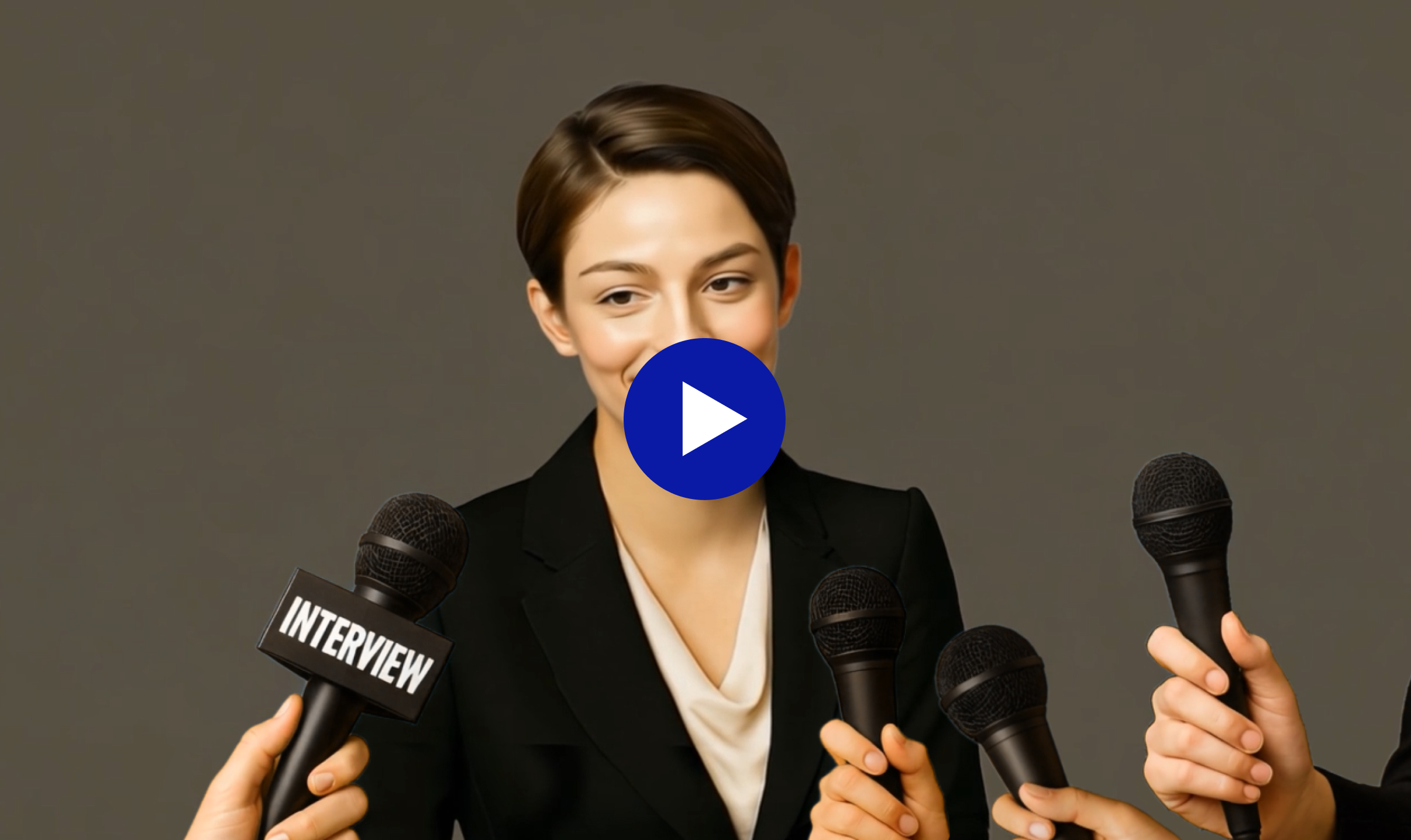 Planet Newturn 패션쇼 굿즈 론칭과 관련된 글로벌 미디어 인터뷰 장면. 브랜드 대표가 프레스 컨퍼런스에서 기자들의 질문에 응답하며 인터뷰 중이다. Planet Newturn Fashion Show Merchandise 캠페인의 일환.