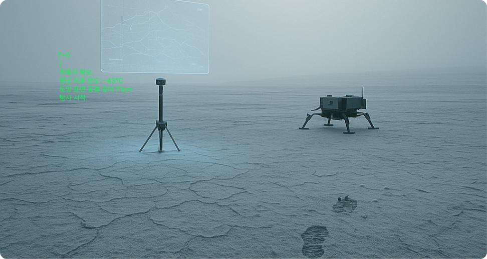 Initial terraforming exploration scene of another planet 'Earth2 / PLANET NEWTURN'. Exploration robots and scanning equipment beginning exploration after securing landing site, measuring average surface temperature -43°C and surface freezing depth 71cm. Virtual planet exploration record for humanity's future habitation.