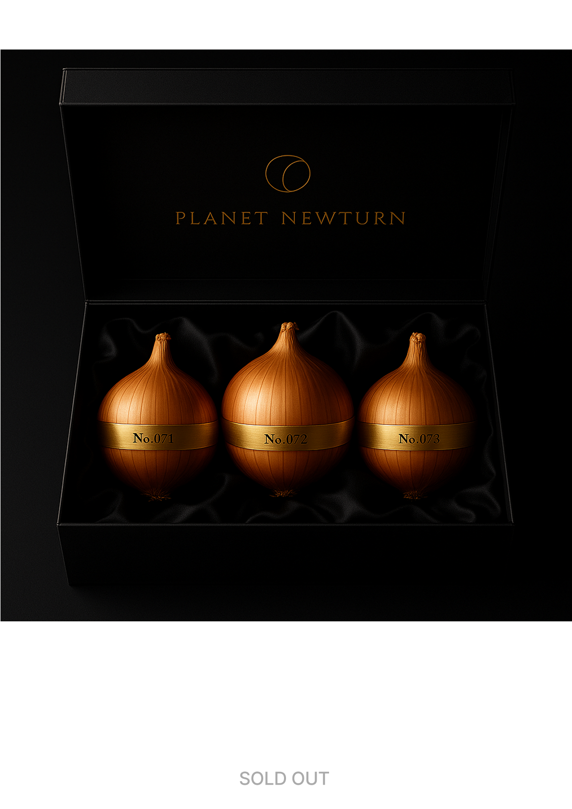 Limited edition premium food ingredient 'Planet Newturn Onion' 3-piece set produced in Earth2 / PLANET NEWTURN. Individual onions numbered No.071, No.072, No.073 housed in premium package box, sold-out limited quantity product.
