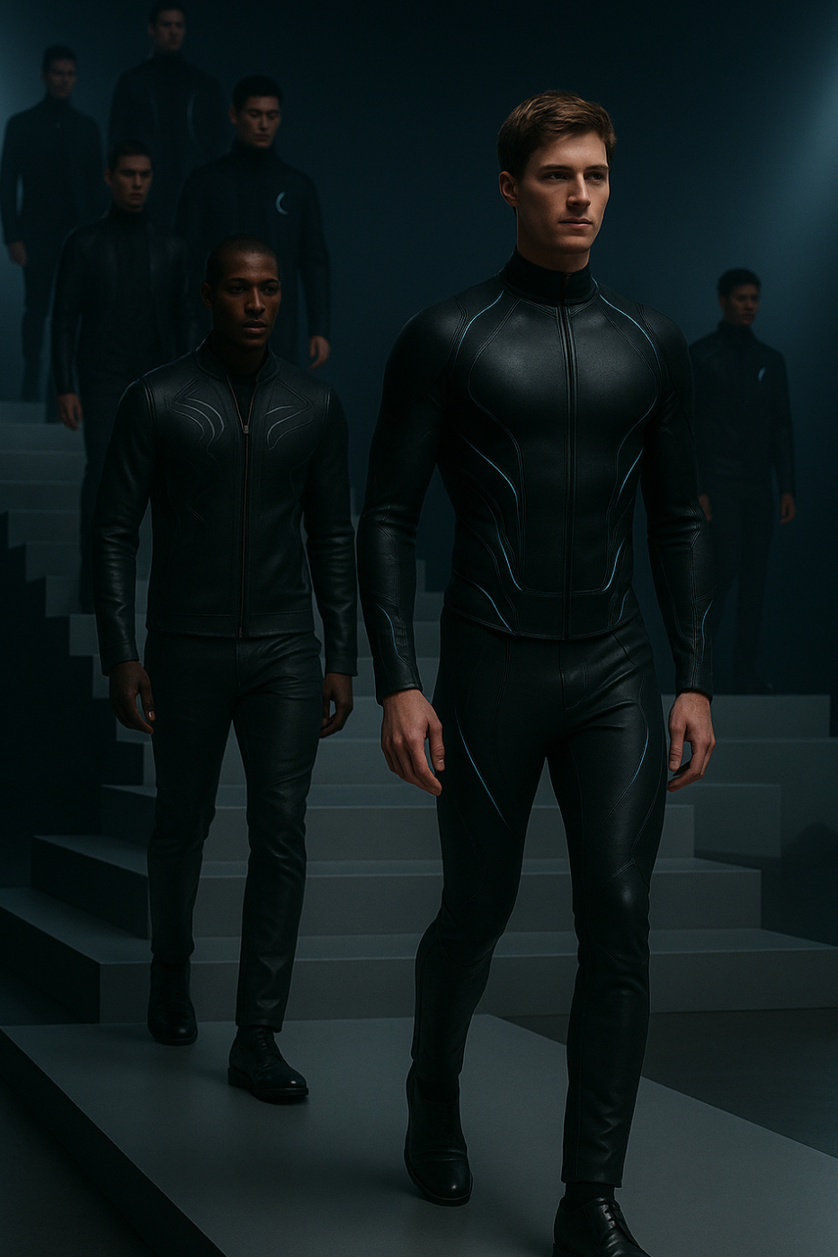 Planet Newturn의 테크웨어 라인. 인체 곡선을 따라 활성화된 파워 경로를 따라 설계된 초경량 컴프레션 슈트가 착용된 모델들이 런웨이를 워킹 중이다.