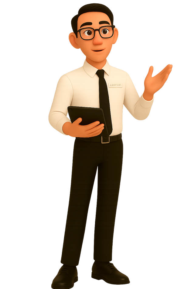 Manager Lee from newturn group holding a tablet PC and raising his hand while explaining. Neatly dressed, giving a presentation or training atmosphere.