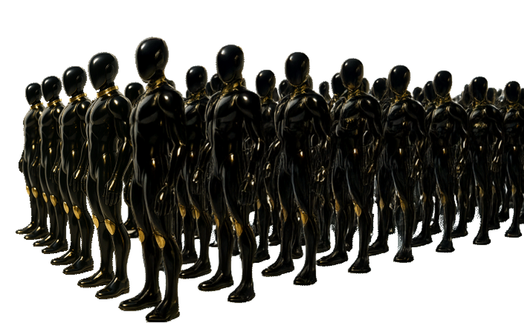 AI androids designed in high-gloss black and gold colors lined up on the right side. Expressionless faces and identical poses creating an organized atmosphere